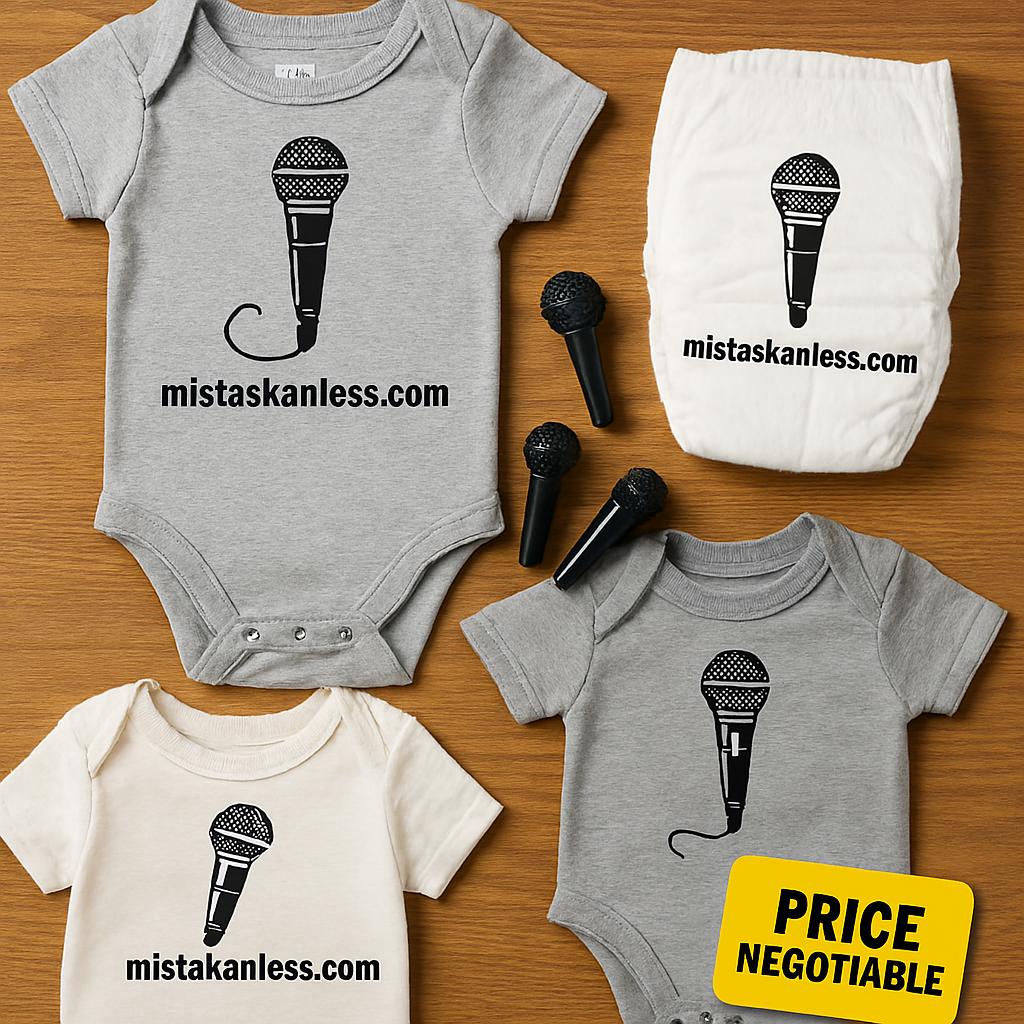 Baby microphones, diapers, and onesies with mistaskanless.com branding and price negotiable