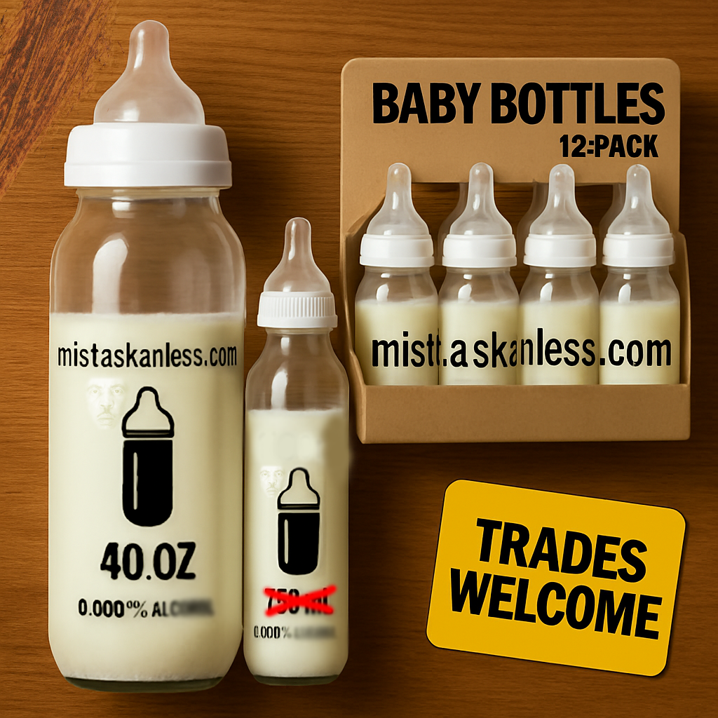 Mista Skanless baby bottles with 00000.1% alcohol and Trades Welcome tag