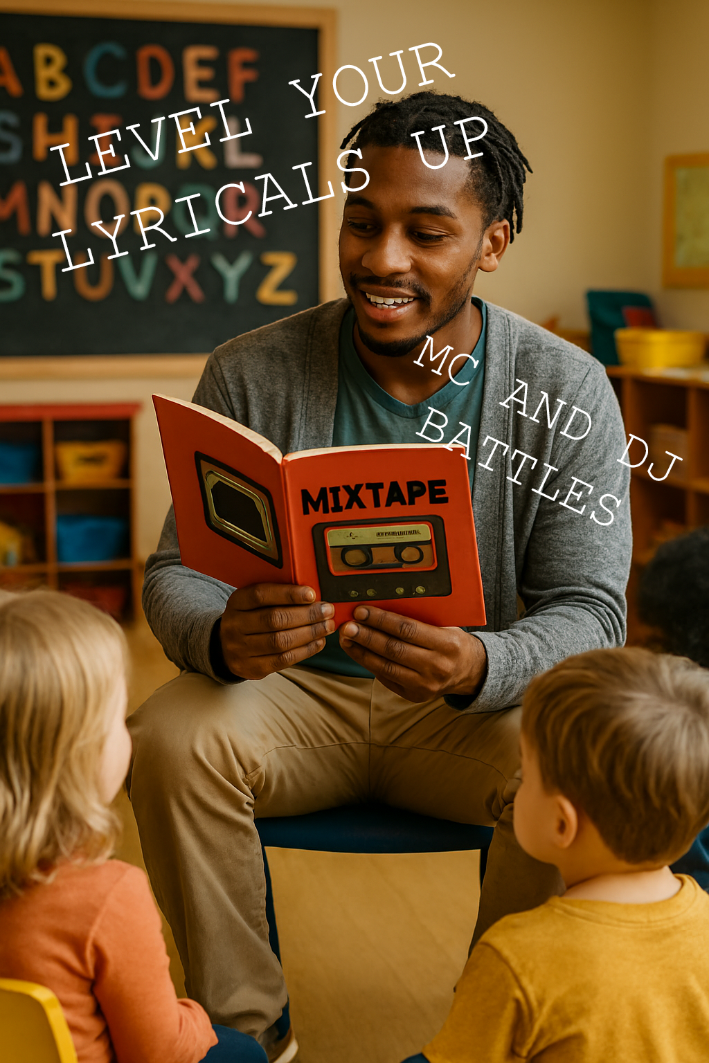 Staff member reading from a mixtape to children
