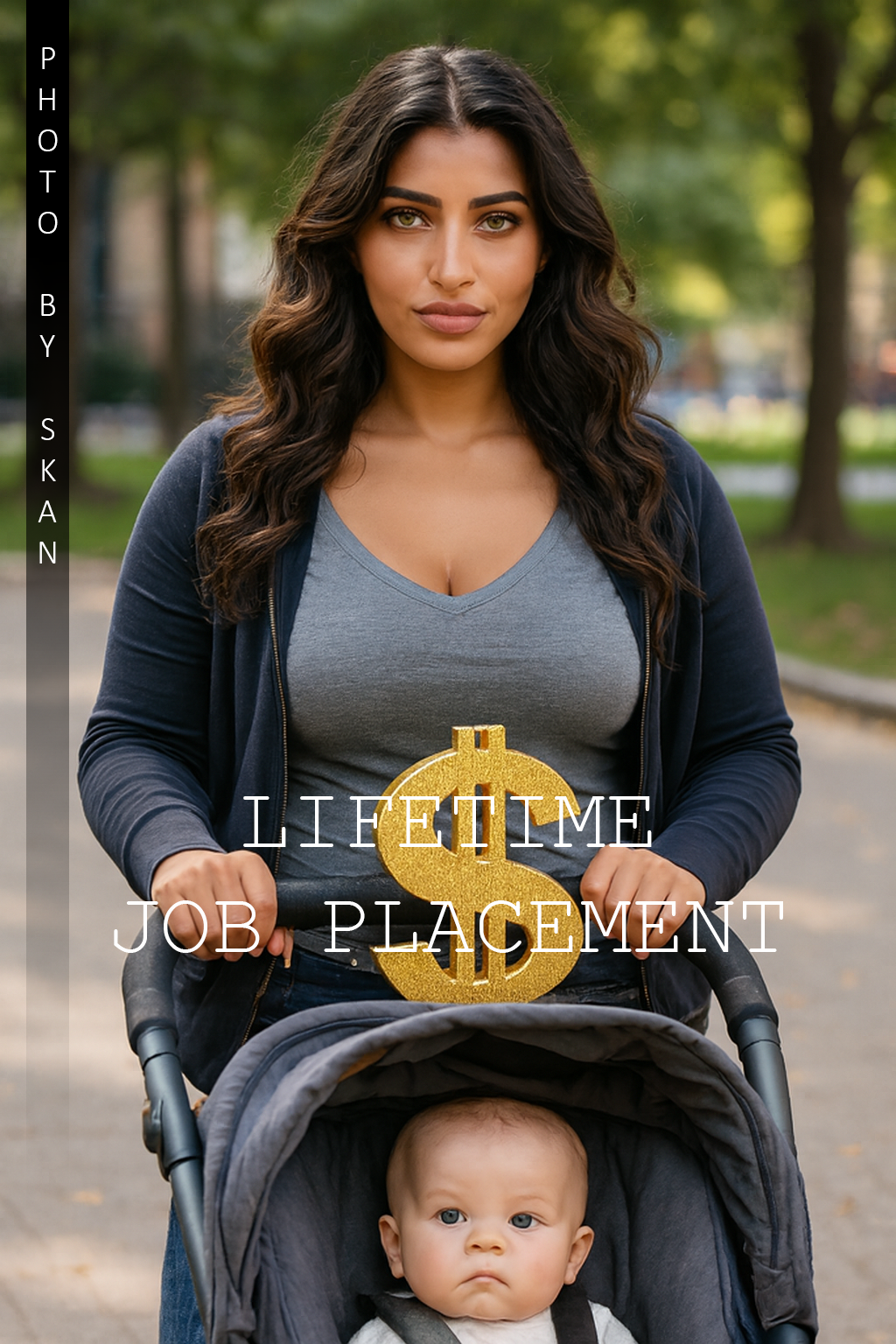 Woman with stroller and dollar sign